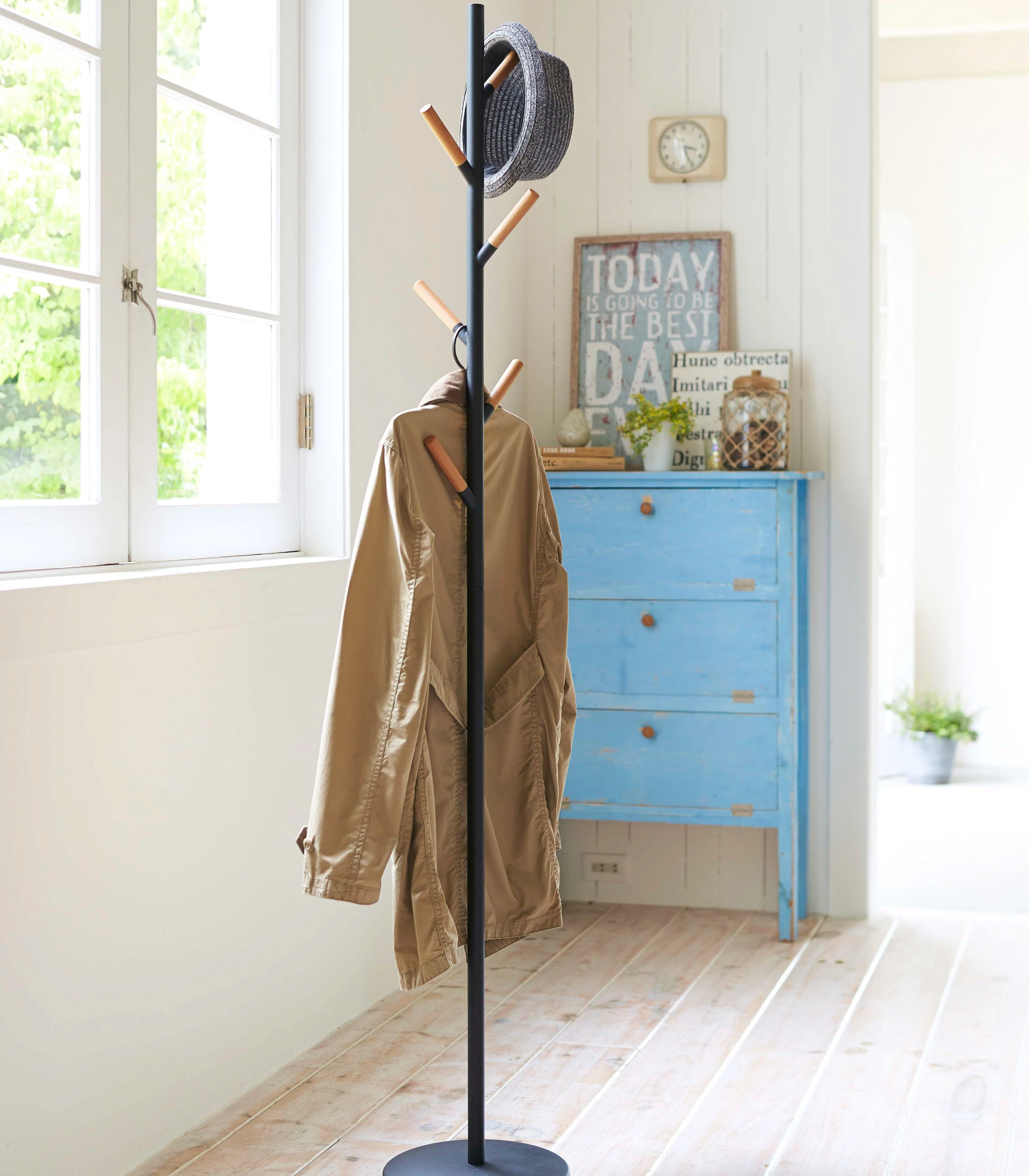 Yamazaki 70" Steel Coat Rack with Wooden Pegs - Image 8